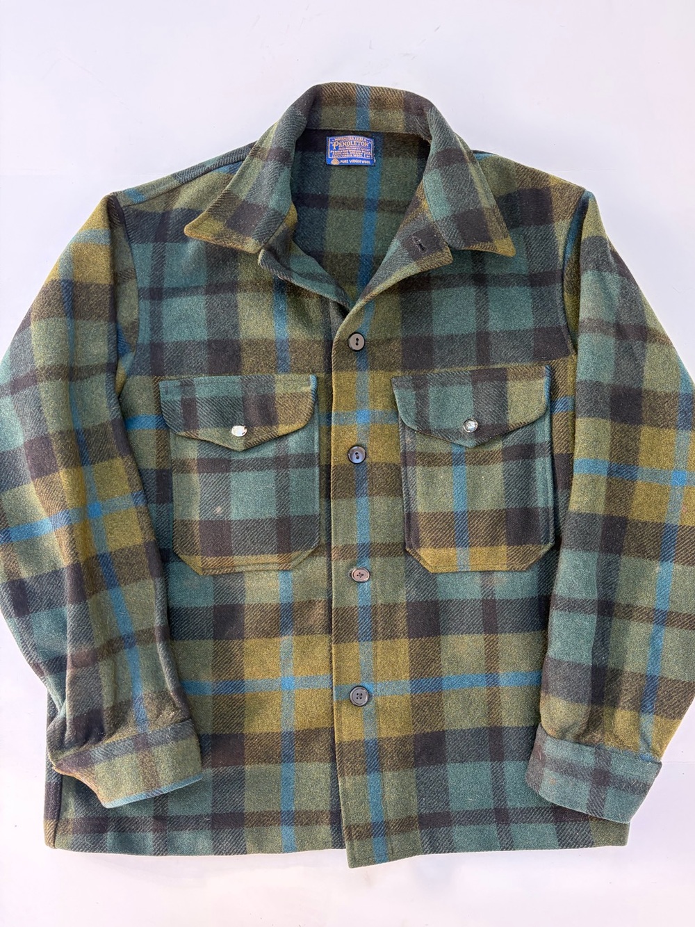 Vintage 70s Pendleton Mackinaw Wool Chore Jacket Mens Medium Green Brown Plaid